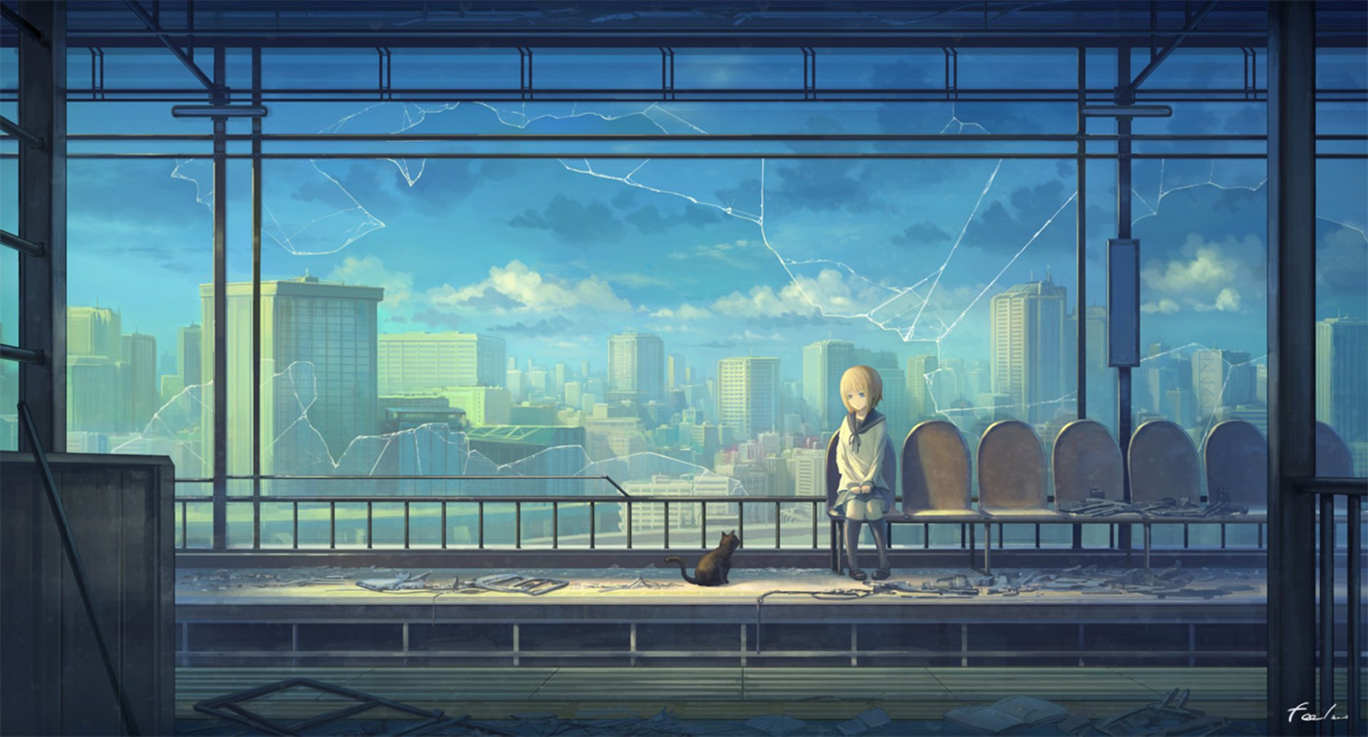 Anime city train station with cracked glass framing a cloudy sky and skyline; a lone figure sits on the platform beside a small anime cat.