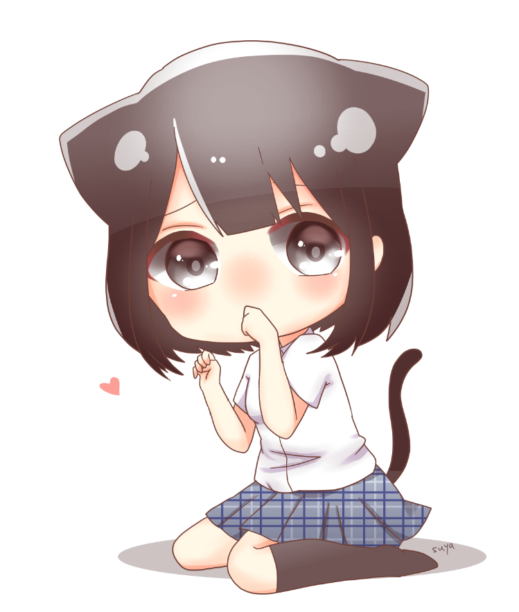 Chibi anime image of Misaki Takasaki (Love and Lies): blushing cat-eared girl kneeling in a white shirt and plaid skirt, finger to her lips and a tiny heart.