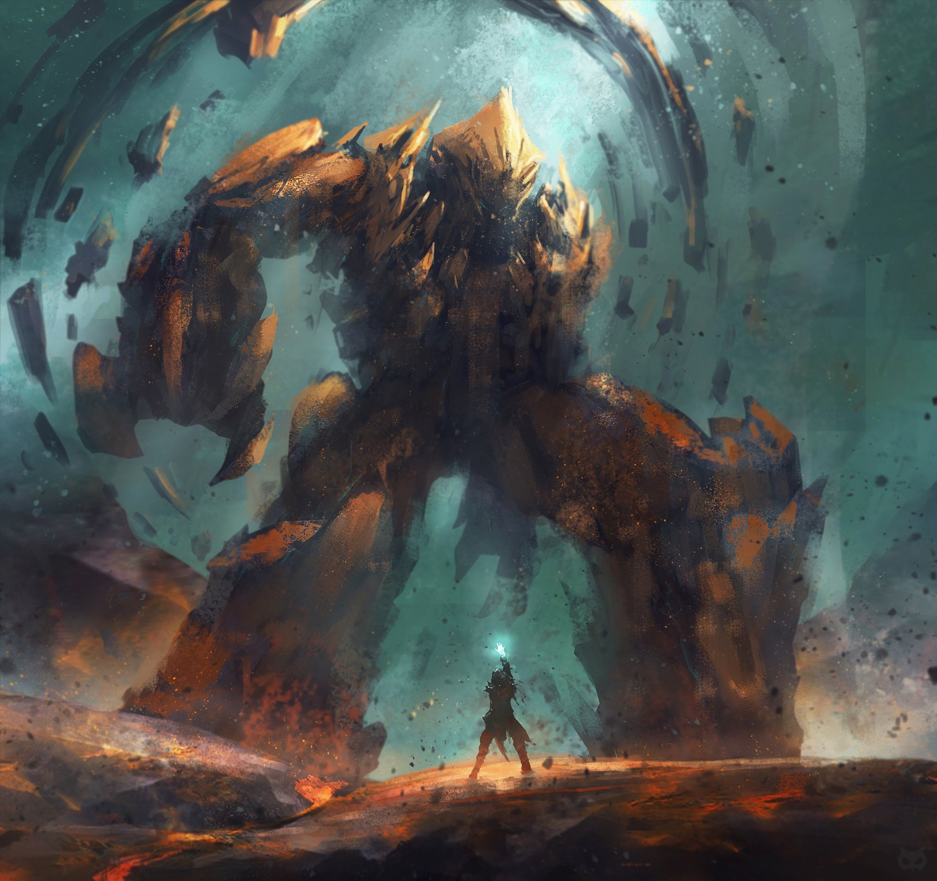 A lone figure stands before a towering giant made of rock and earth in a dramatic fantasy landscape swirling with magical energy.