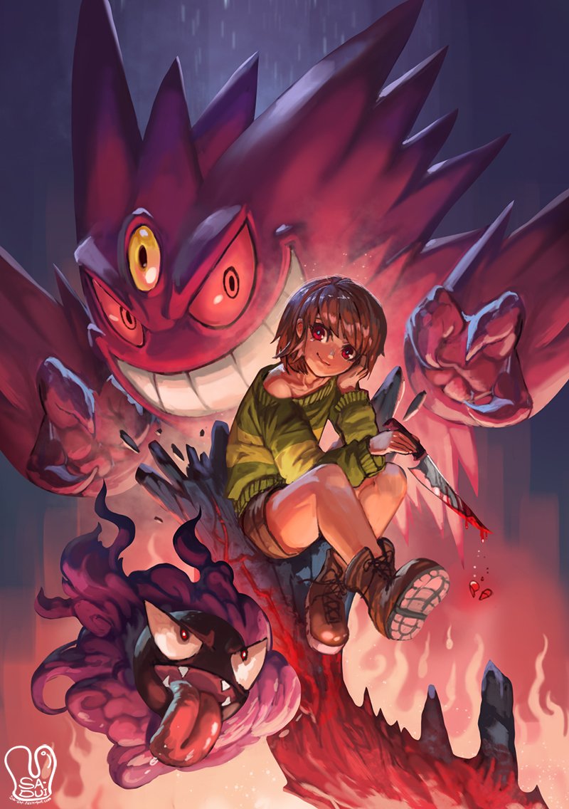 A dynamic crossover scene featuring Mega Gengar and Gastly from Pokémon alongside Chara from Undertale, with intense colors and a dark, fiery atmosphere.