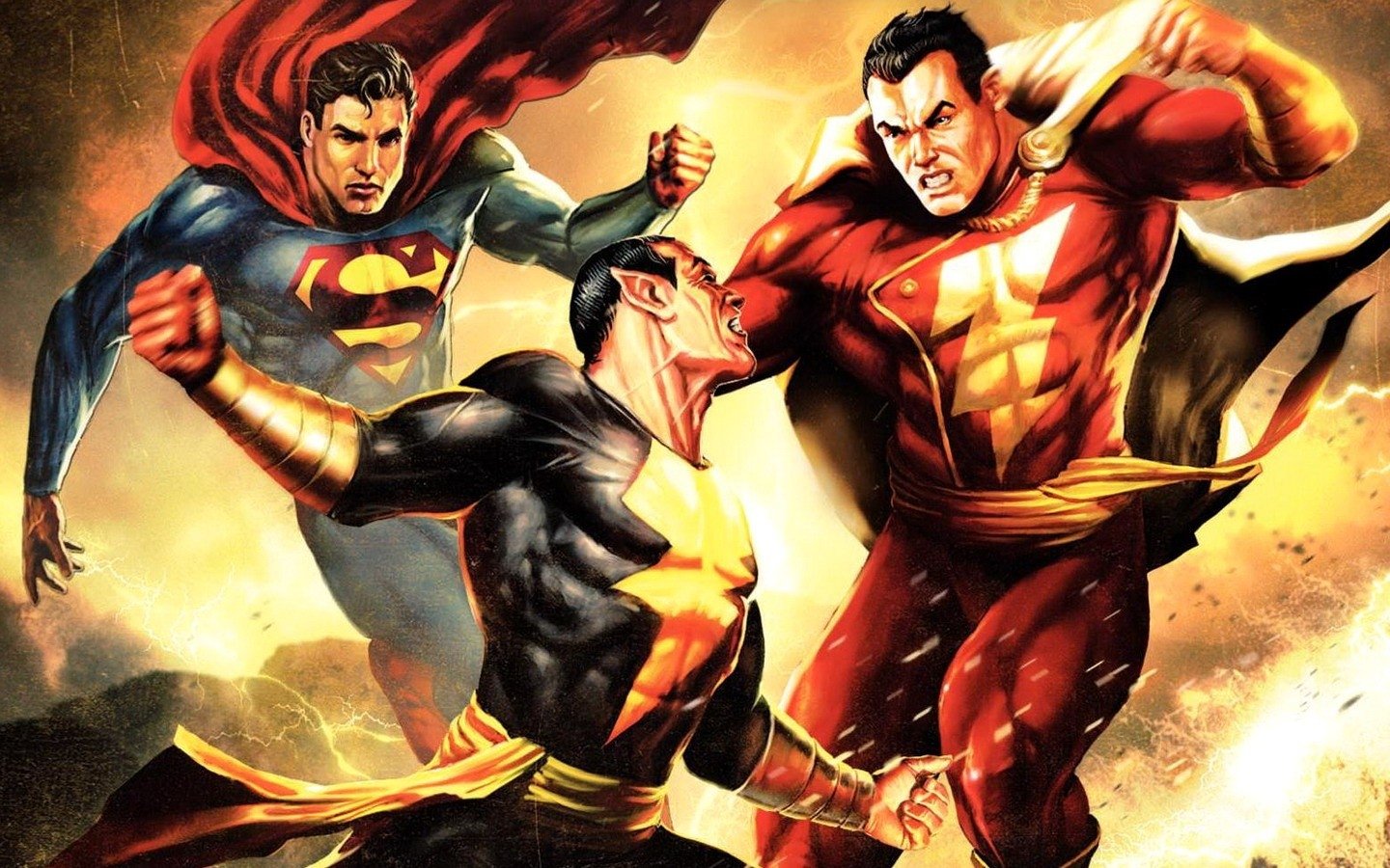 Superman confronts Shazam and Black Adam in a dynamic scene from the movie Superman/Shazam! The Return of Black Adam, featuring Billy Batson and iconic DC heroes.