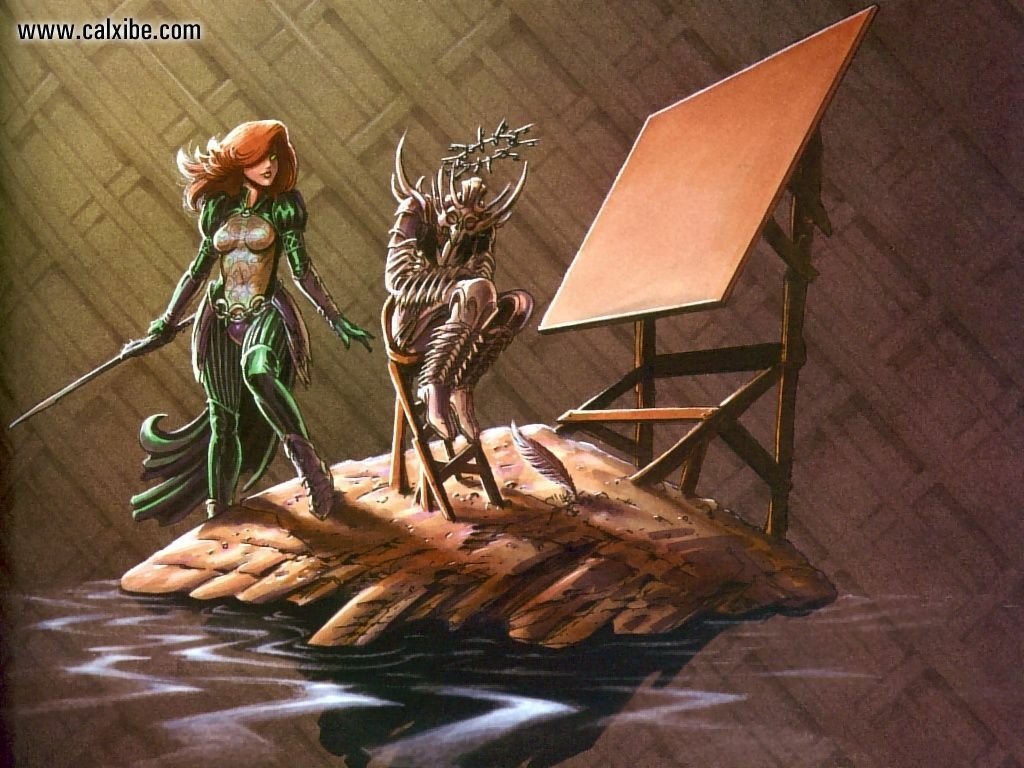 Comic art — Dawn (Comics): red‑haired Dawn in a green gown stands on a wooden raft beside a horned, armored figure seated at an easel, both drifting on dark, reflective water.