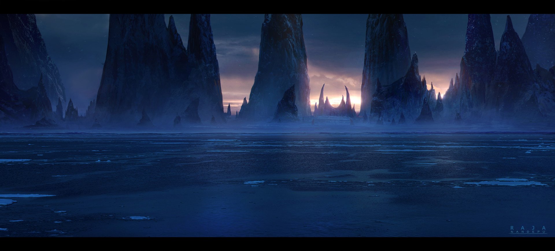 Fantasy landscape: a dark, icy sea at dusk with mist-shrouded jagged rock spires rising from the water and a pale glow on the distant horizon.