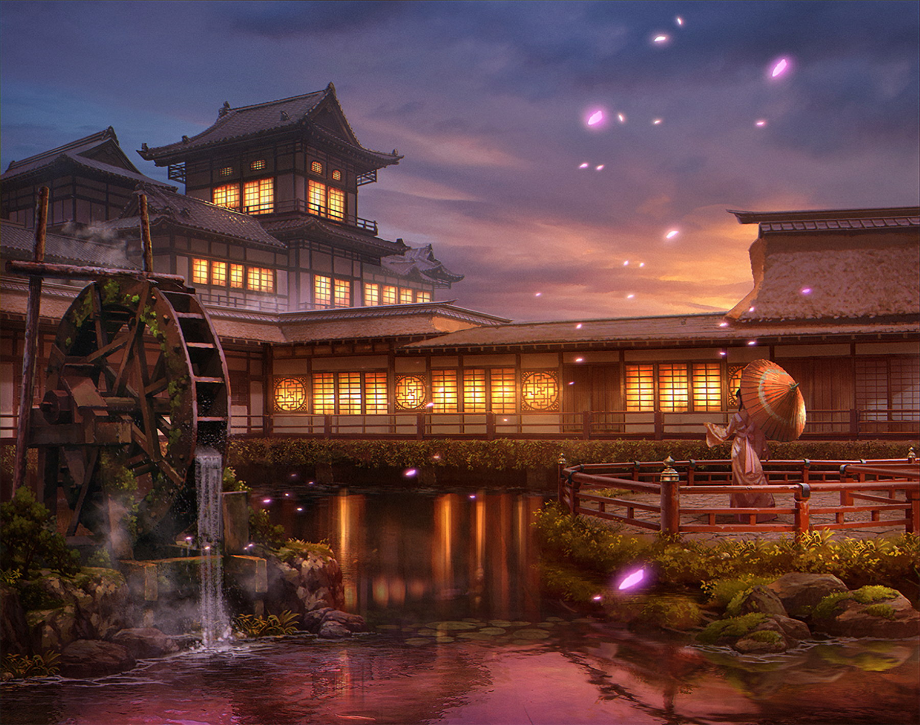 Anime original: tranquil sunset at a traditional Japanese inn with lit windows, waterwheel beside a reflective pond, a figure holding an umbrella on a wooden bridge, and pink petals drifting.