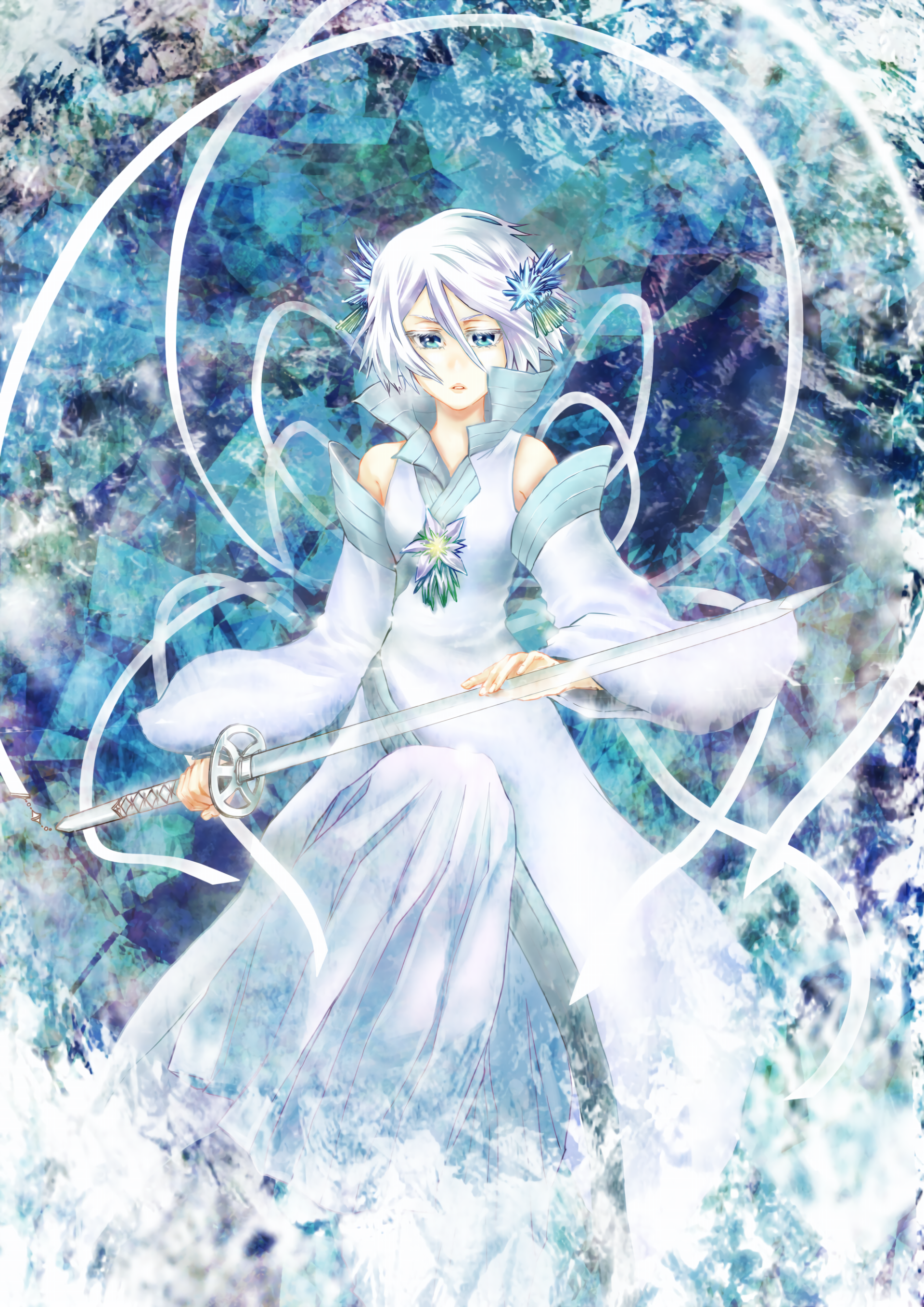 Rukia Kuchiki from the anime Bleach, depicted in an elegant white outfit with a sword, surrounded by swirling blue and white energy.