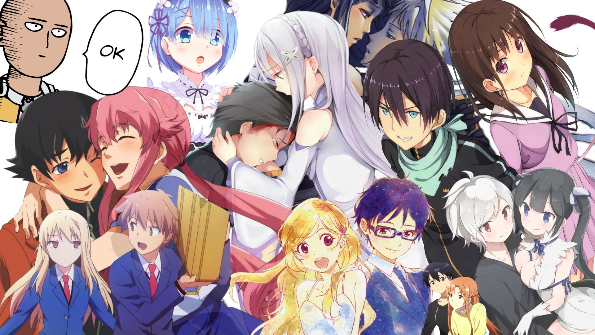 Crossover illustration featuring characters from Mirai Nikki, Noragami, Naruto, One-Punch Man, Sword Art Online, Re:Zero, Your Lie in April, Sakurasou no Pet na Kanojo, and Is It Wrong to Try to Pick Up Girls in a Dungeon?