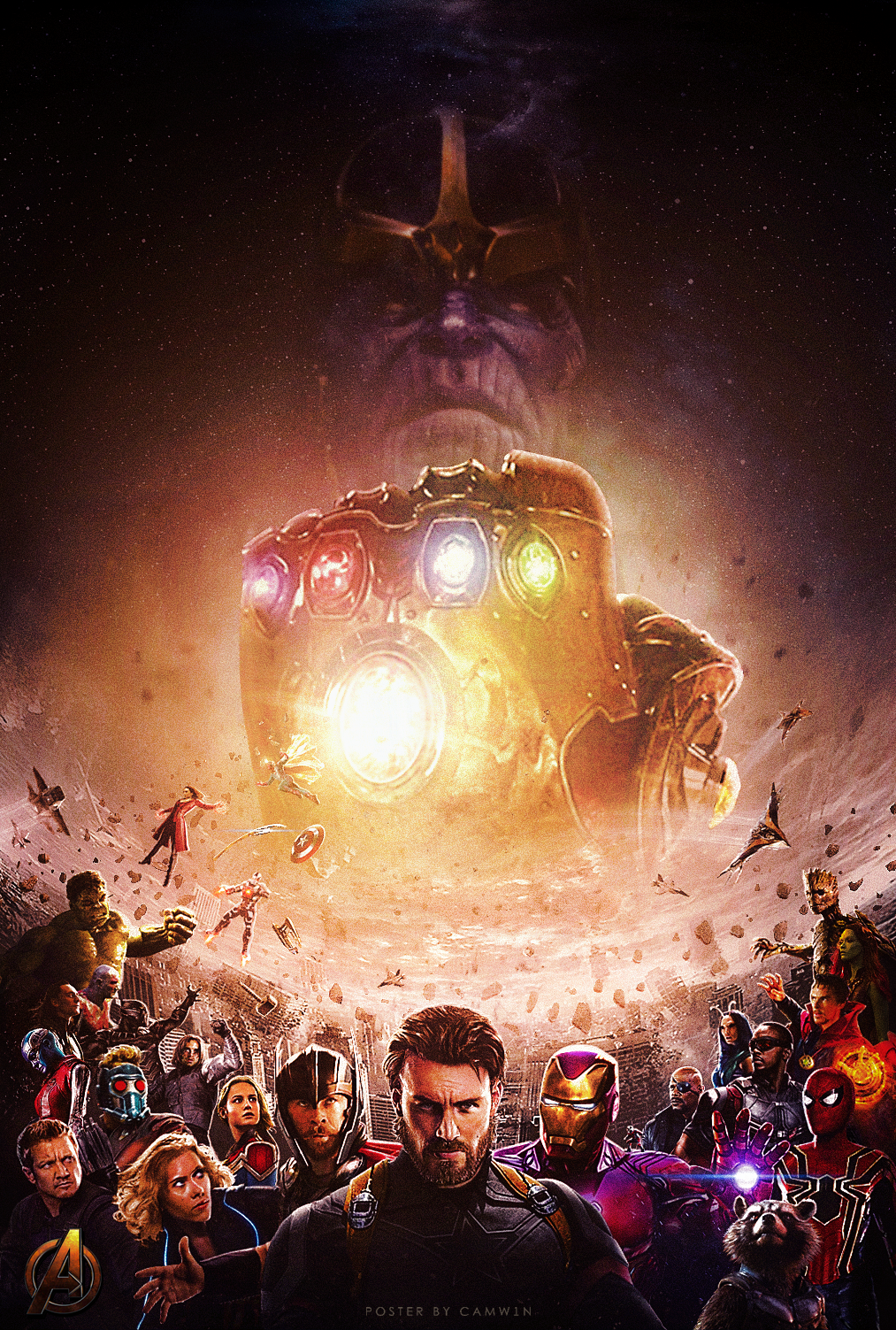 A dynamic poster from *Avengers: Infinity War* featuring Thanos with his Infinity Gauntlet and a host of Marvel superheroes assembled below him in epic confrontation.