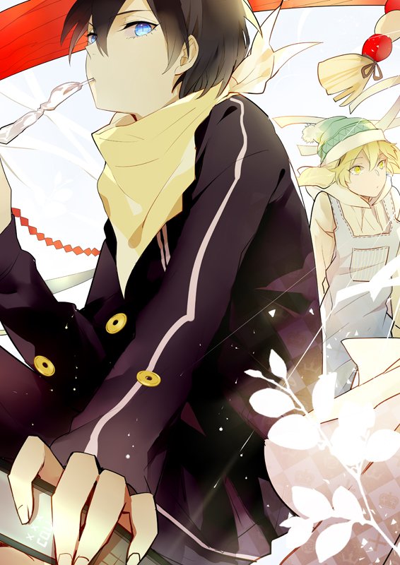 Yato and Yukine from Noragami anime: Yato in a dark jacket and yellow scarf in foreground, Yukine in light clothes behind, red umbrella and floral accents.