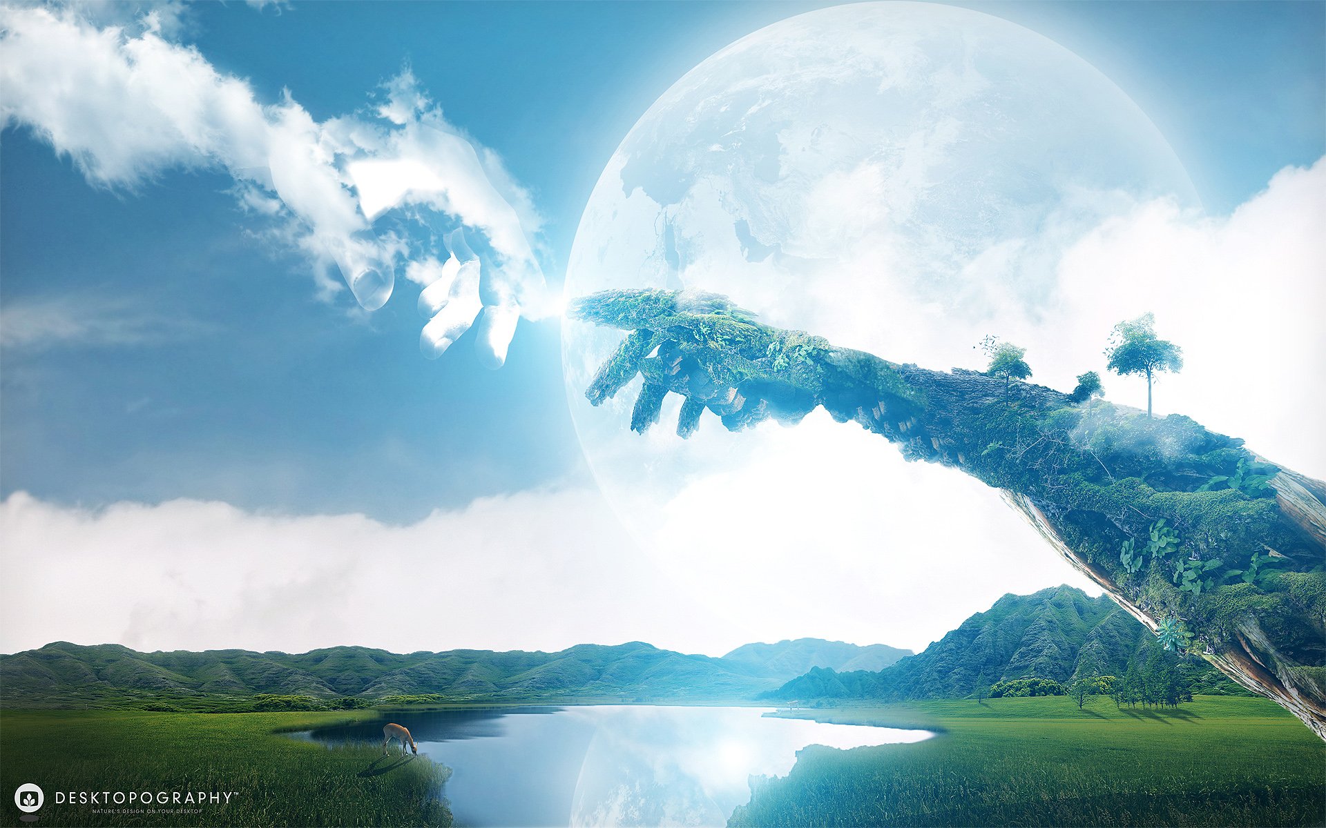 A surreal landscape featuring a giant grassy hand extending toward the sky, with clouds and a large moon in the background, blending nature and artistic elements.