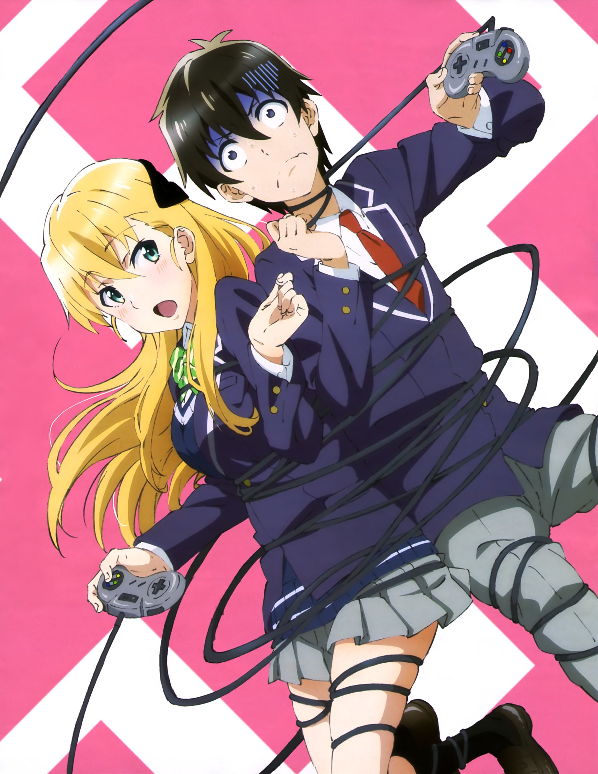 Anime Keita Amano and Karen Tendou tangled in controller cords, each clutching a gamepad — Keita wide-eyed and nervous, Karen cheerful, set against a bold pink background.