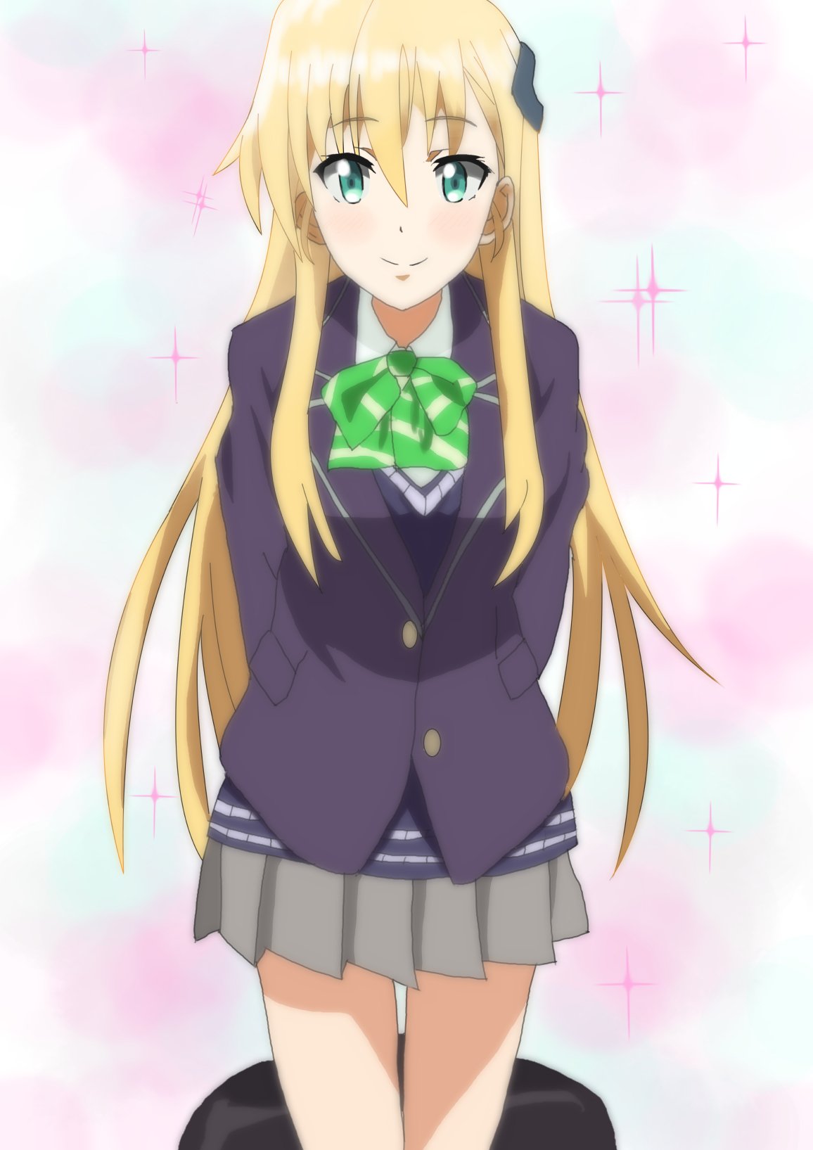 Karen Tendou from an anime, depicted as a cheerful gamer girl in a school uniform with long blonde hair and a green bow, standing against a soft pastel background.
