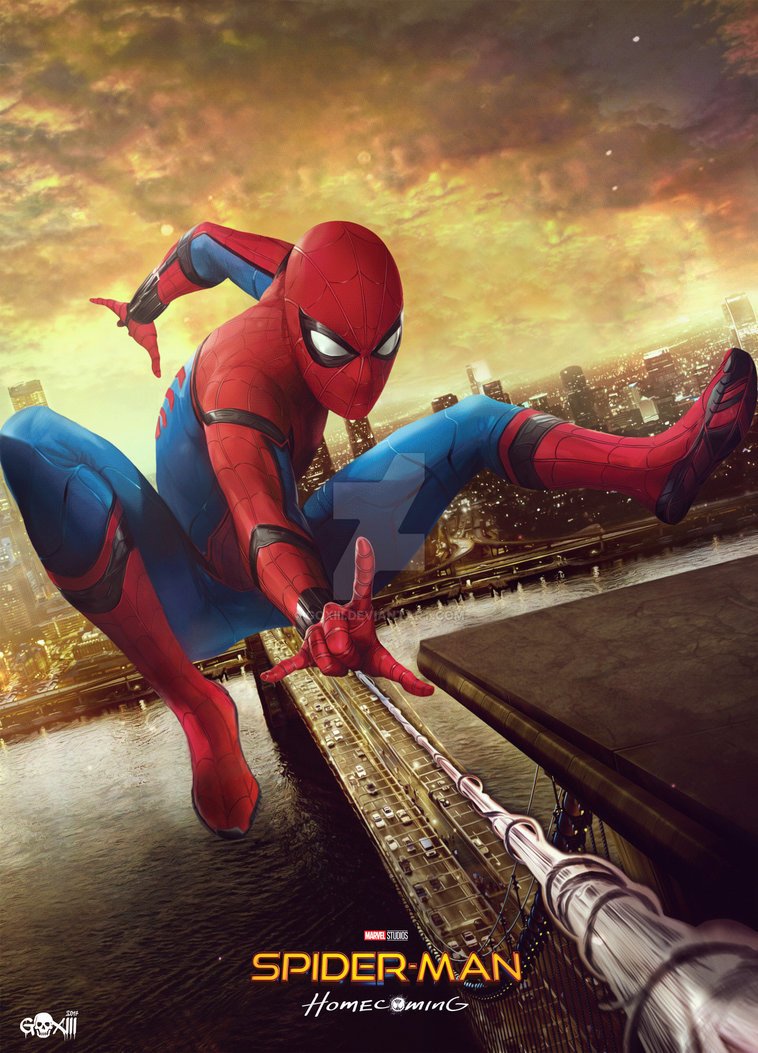 Spider-Man in his iconic red and blue suit swings through the city at sunset in a dynamic pose from the movie Spider-Man: Homecoming.