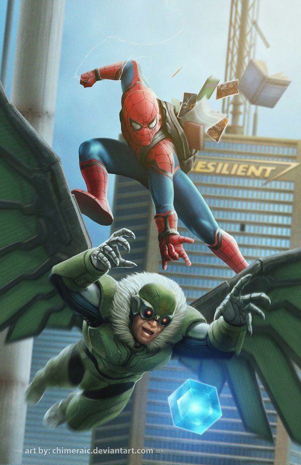 Spider-Man battles Vulture in a dynamic scene from the movie Spider-Man: Homecoming, showcasing their intense confrontation amid a city backdrop.