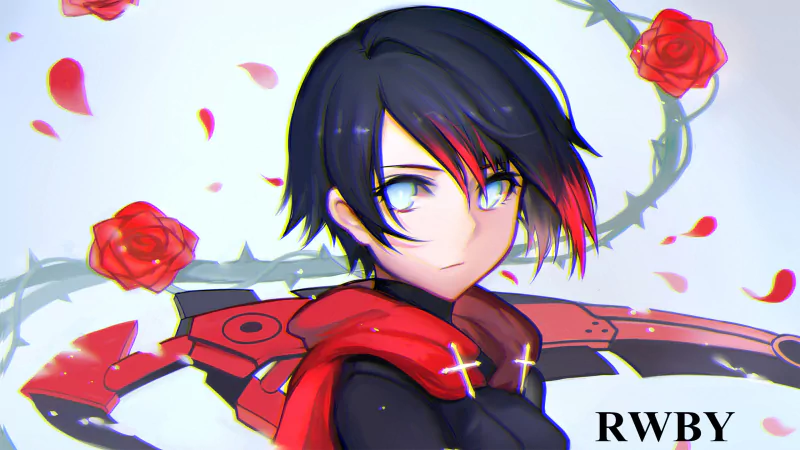A digital illustration of Ruby Rose from RWBY, featuring her striking red and black outfit, short hair, and a backdrop of roses, showcasing her fierce determination in anime style.