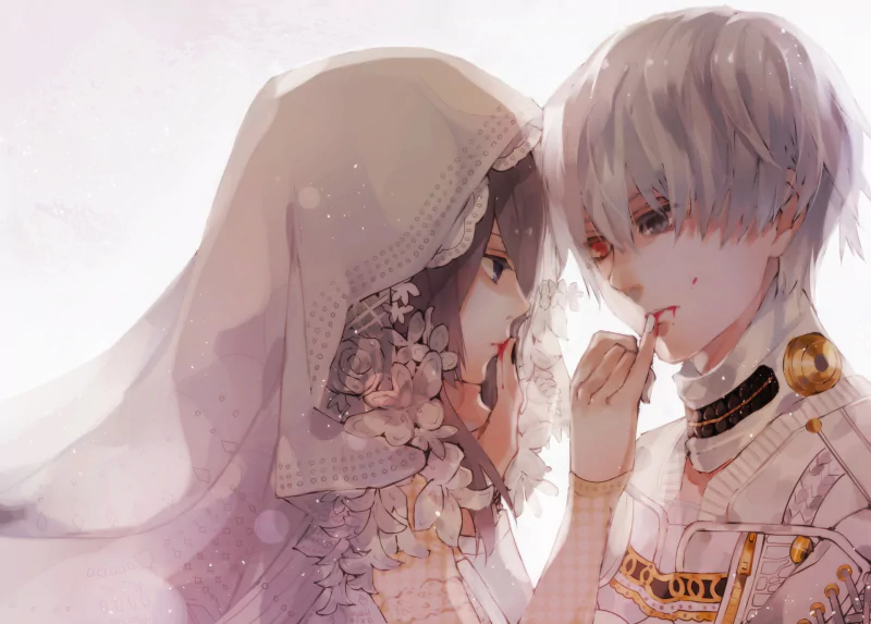 A beautiful illustration of wedding scenes featuring Touka Kirishima and Ken Kaneki from the anime Tokyo Ghoul, capturing their tender connection in a dreamlike setting.
