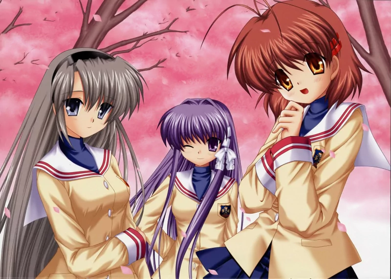 Tomoyo Sakagami, Nagisa Furukawa, and Kyou Fujibayashi from the anime Clannad stand together under cherry blossoms in their school uniforms.