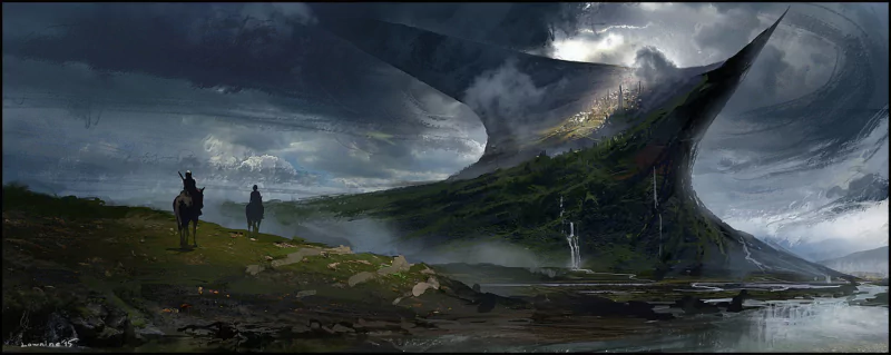 Fantasy landscape: windswept shore by still water, two riders on horseback approaching a towering spiral rock under a tumultuous, cloud-filled sky.