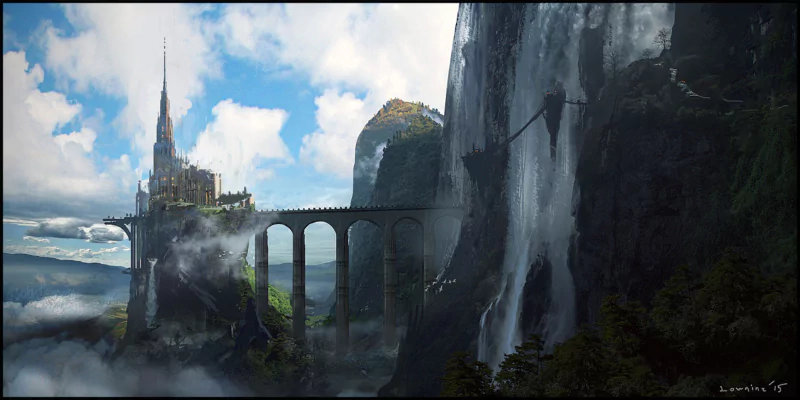 sky cloud bridge waterfall fantasy castle Image