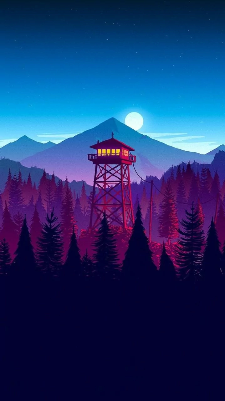 A vibrant sunset casts a blue sky over a silhouetted forest, featuring a distinctive watchtower reminiscent of the art style in Firewatch, a popular video game.