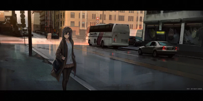 sunlight street building bus car jacket black hair Anime Original anime car Image