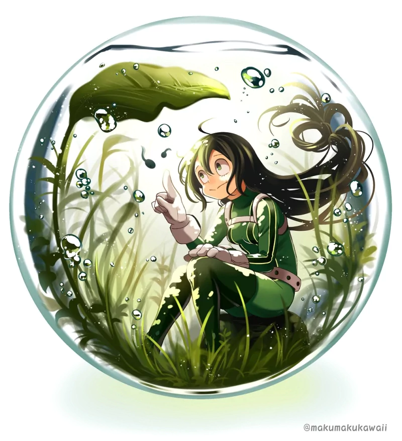 Tsuyu Asui from My Hero Academia is depicted underwater with bubbles and aquatic plants, showcasing her characteristic green hero costume and frog-like features.