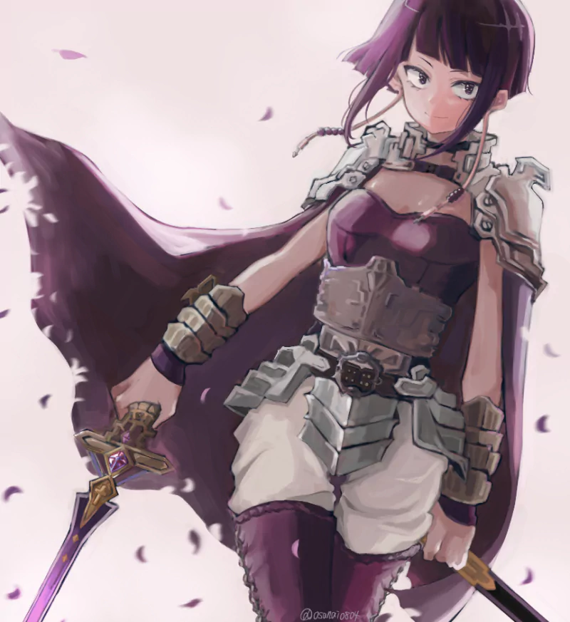 Kyōka Jirō of My Hero Academia, anime-style, wearing armor and a flowing cape, wielding a purple-accented sword as petals drift around her.