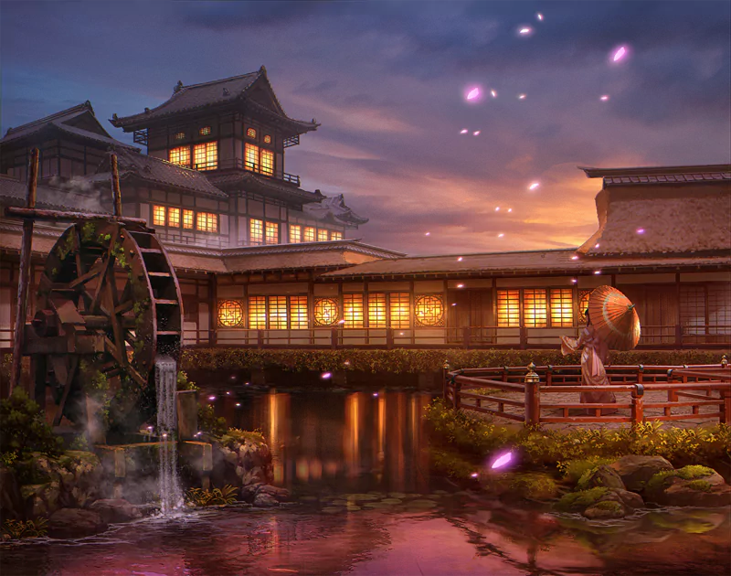 Anime original: tranquil sunset at a traditional Japanese inn with lit windows, waterwheel beside a reflective pond, a figure holding an umbrella on a wooden bridge, and pink petals drifting.