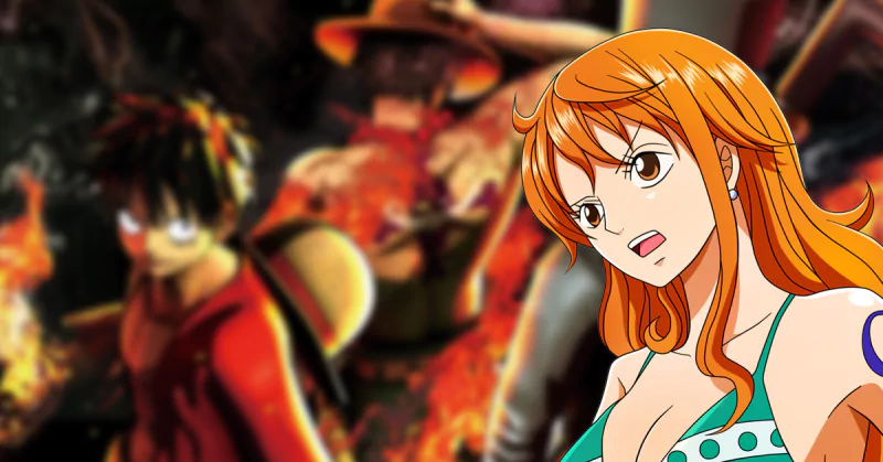 One Piece anime image of Nami in the foreground with orange hair and polka-dot top, looking concerned as blurred, fiery silhouettes of her crewmates appear behind her.