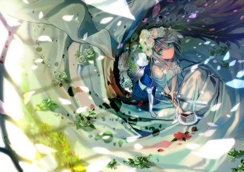 white hair weapon knife petal green eyes flower dress bird Anime Original Anime Bird Image