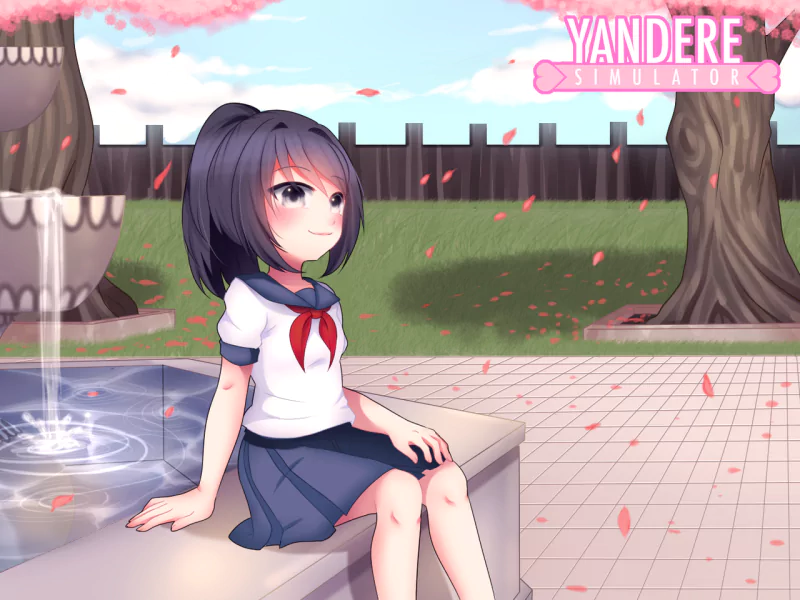 Yandere-Chan from the video game Yandere Simulator sits by a fountain under cherry blossom trees, wearing a school uniform with falling petals around her.
