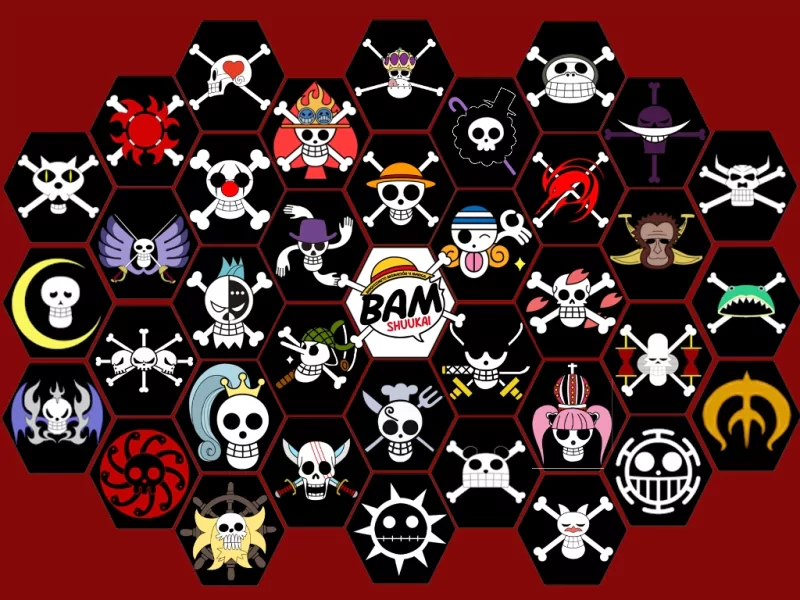 Hexagonal mosaic on red background of varied One Piece anime jolly roger pirate flags, each tile showing a distinct skull emblem.