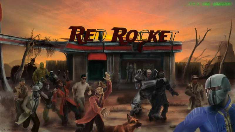 Artwork from the video game Fallout 4 showing a group of characters and a dog gathered outside the Red Rocket gas station at sunset.