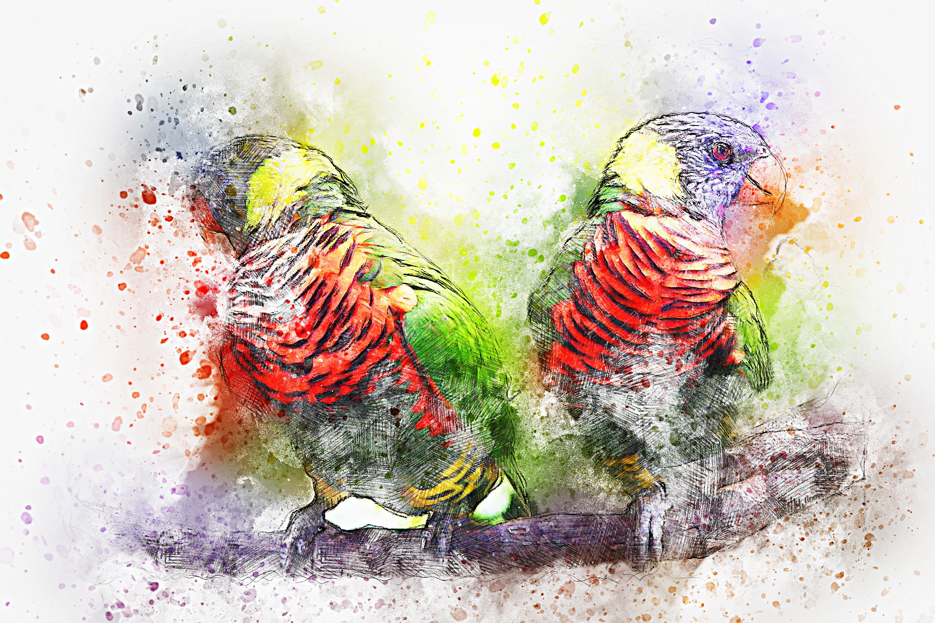 Rainbow Lorikeet done in watercolor and paint splash on a branch by ractapopulous