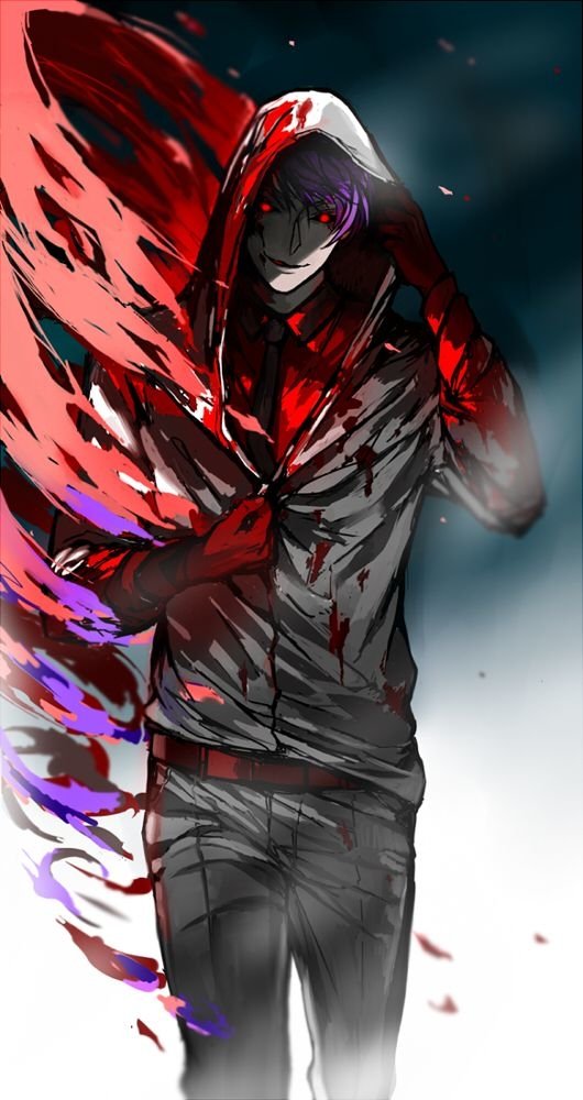 Shū Tsukiyama from Tokyo Ghoul √A is depicted with a blood-stained hoodie and glowing red eyes, surrounded by dynamic red and purple energy in this intense anime artwork.