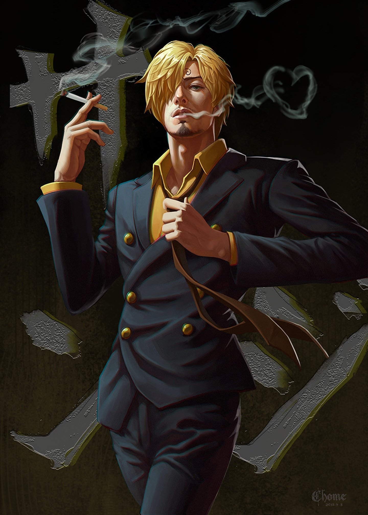 A stylish anime illustration of Sanji from One Piece, confidently smoking a cigarette while wearing a sharp black suit, with smoke swirling around him.