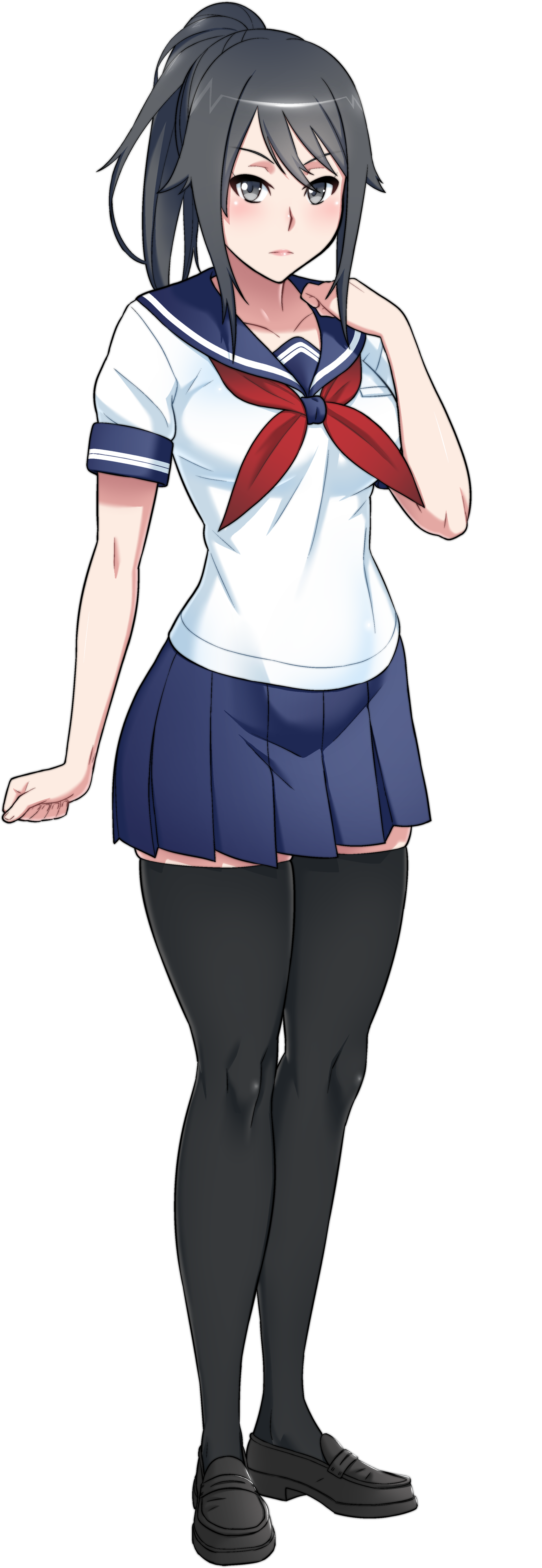 Full-body illustration of Yandere-Chan, Ayano Aishi from the video game Yandere Simulator, wearing a traditional Japanese school uniform with a serious expression.