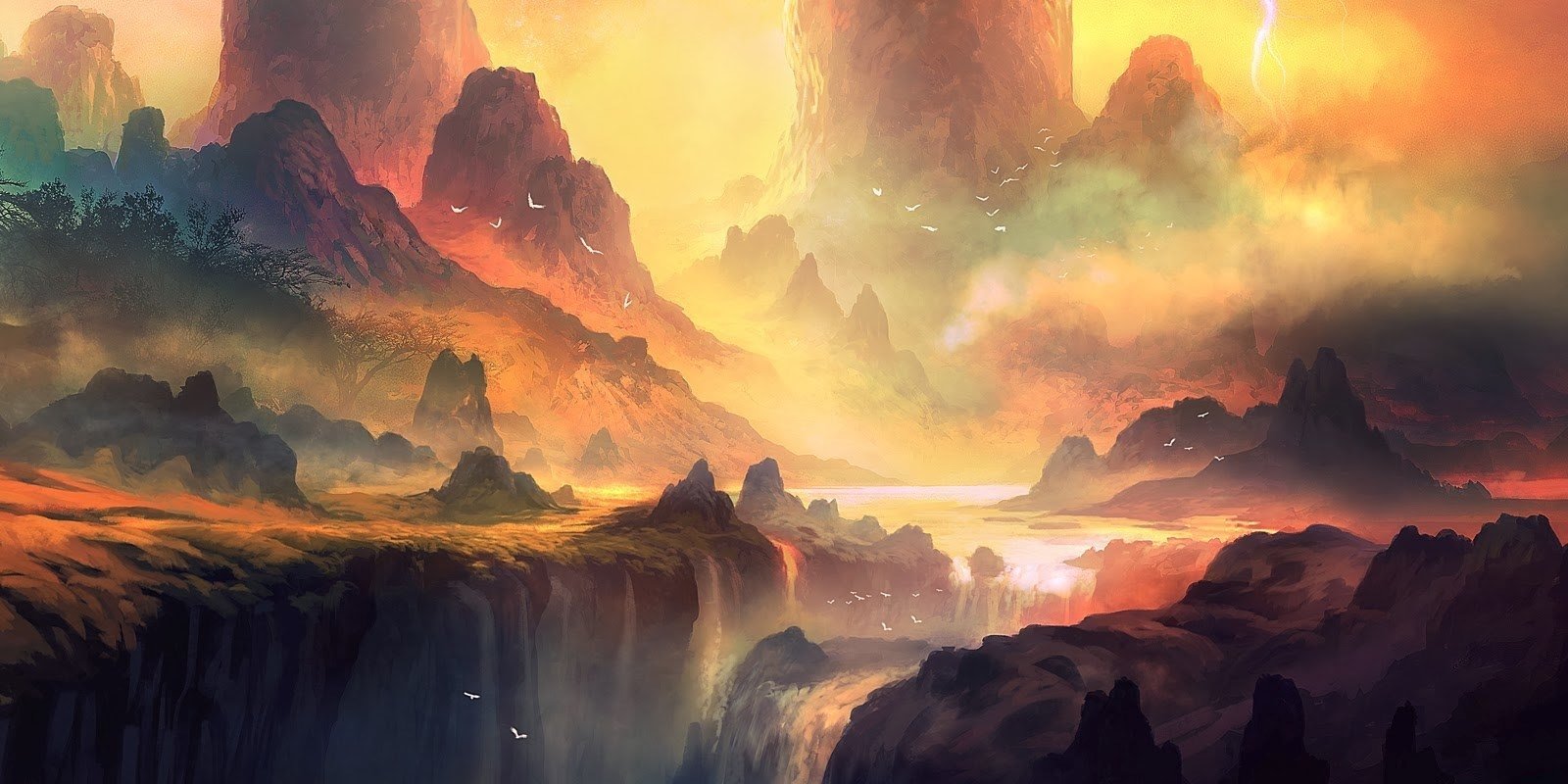 Otherworldly mountain fantasy landscape bathed in golden light, jagged peaks, misty valleys and glowing rivers winding through the surreal terrain.