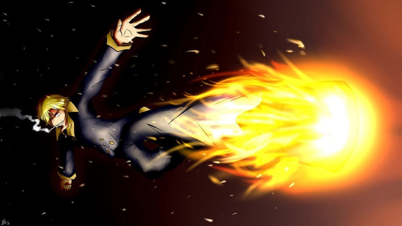 Sanji (One Piece) in a suit, smoking as he unleashes a blazing Diable Jambe kick — anime One Piece action with a flaming leg and explosive fireball.