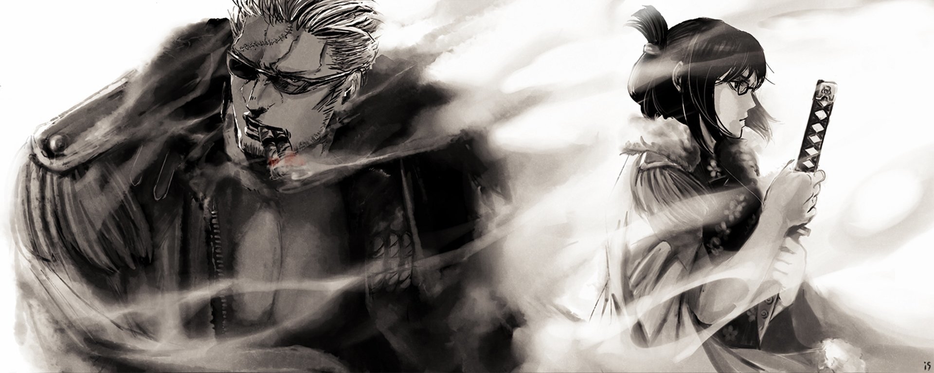 Monochrome One Piece anime image of Smoker and Tashigi—Smoker wreathed in smoke at left, Tashigi at right clutching her sword, back-to-back in an intense, dramatic pose.