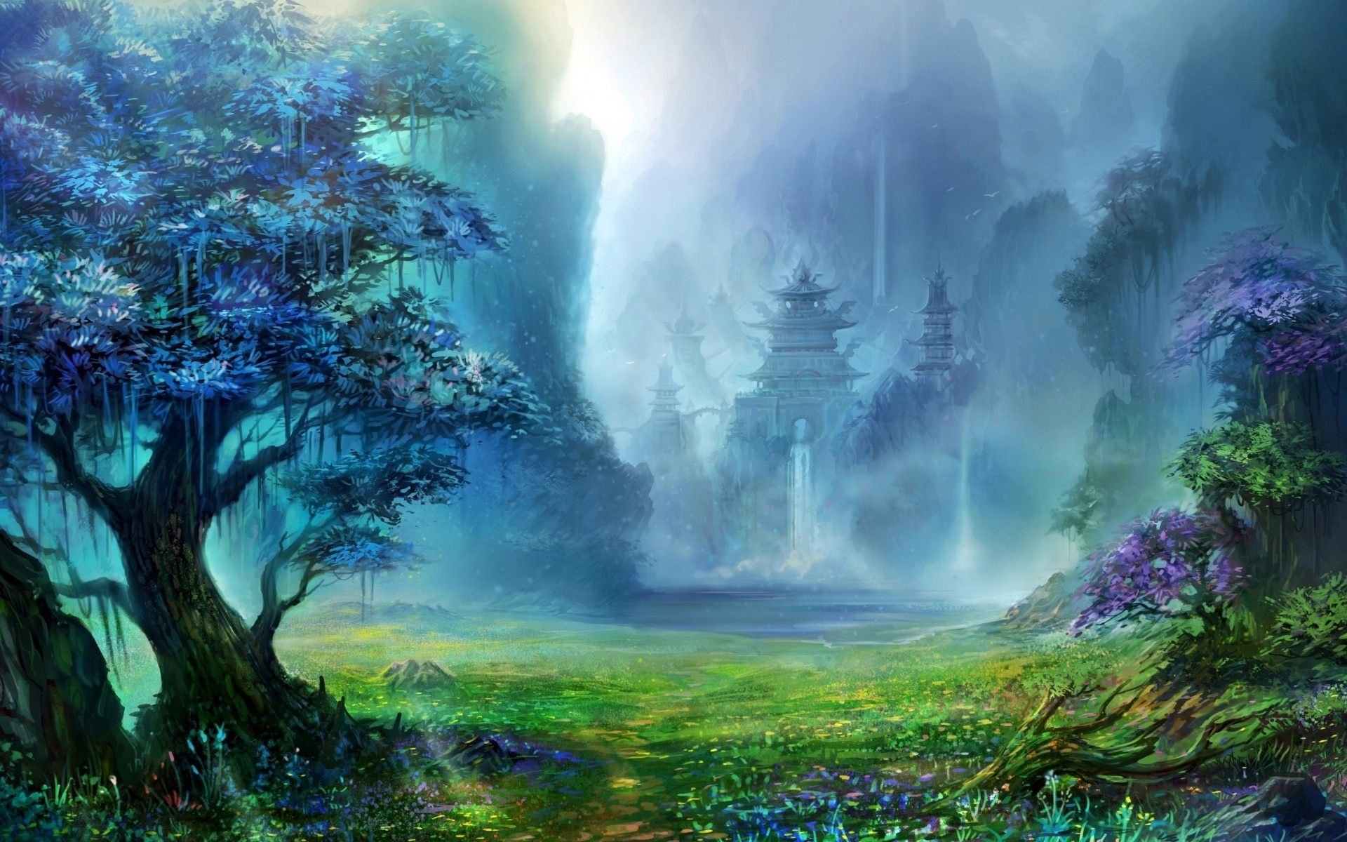 A mystical fantasy landscape featuring a temple building nestled among towering trees and misty mountains, bathed in ethereal light.