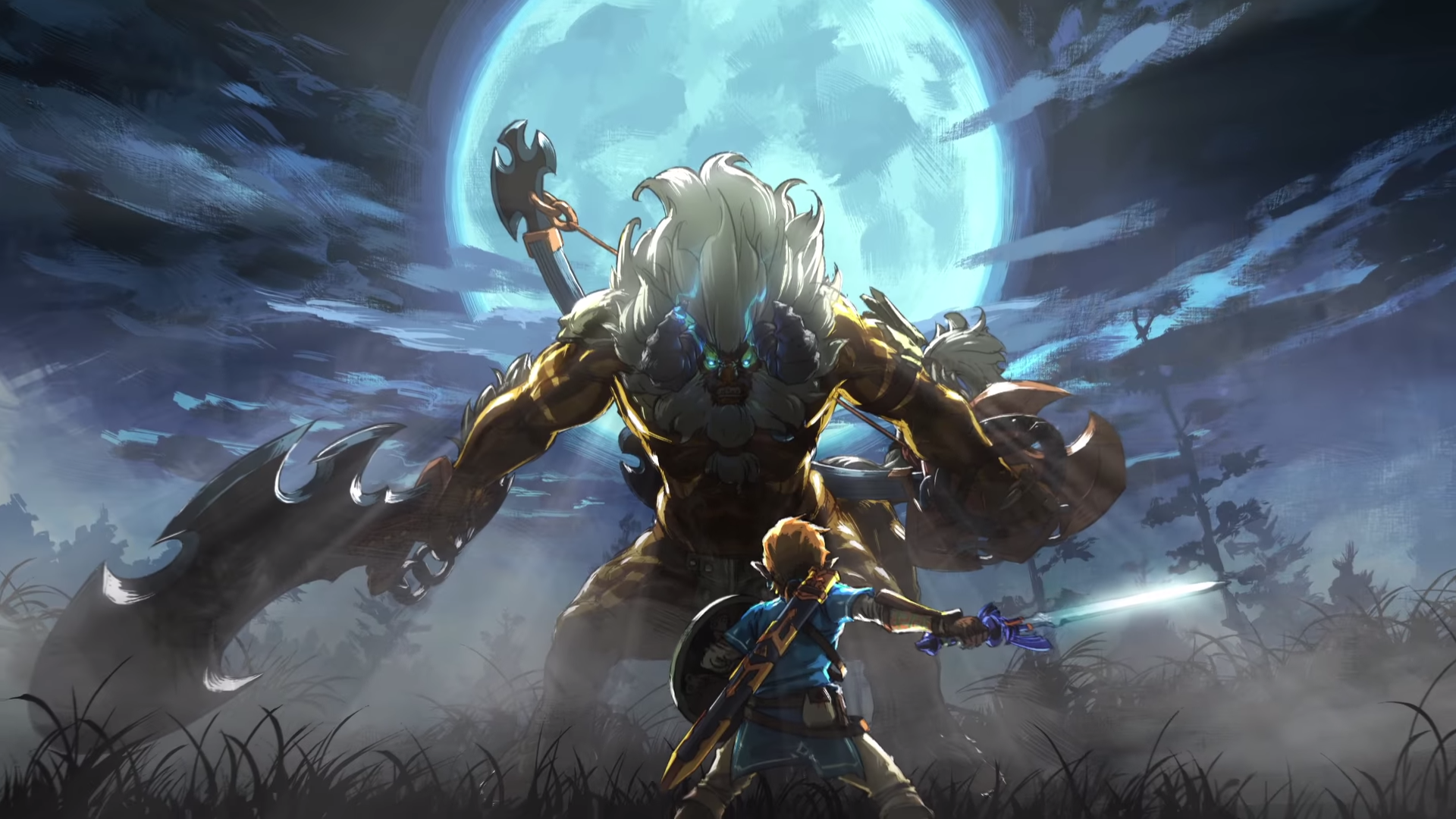 Video game scene: Link confronts a towering bladed titan beneath a full moon in The Legend of Zelda: Breath of the Wild — an epic fantasy battle.
