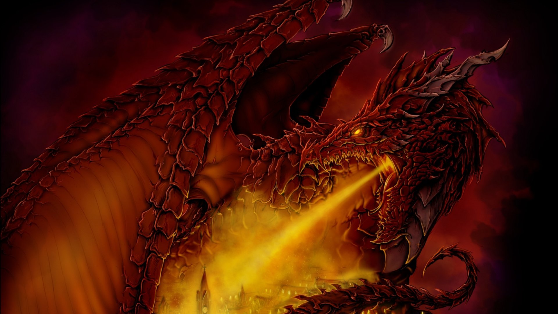 Fantasy scene of a red, horned dragon with armored scales unleashing a torrent of golden fire against a dark, smoky backdrop.