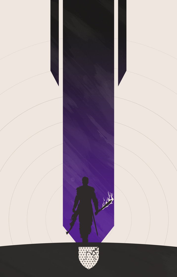 Minimalist artwork featuring Beric Dondarrion from the TV show Game of Thrones, silhouetted against a tall, dark banner with a flaming sword.