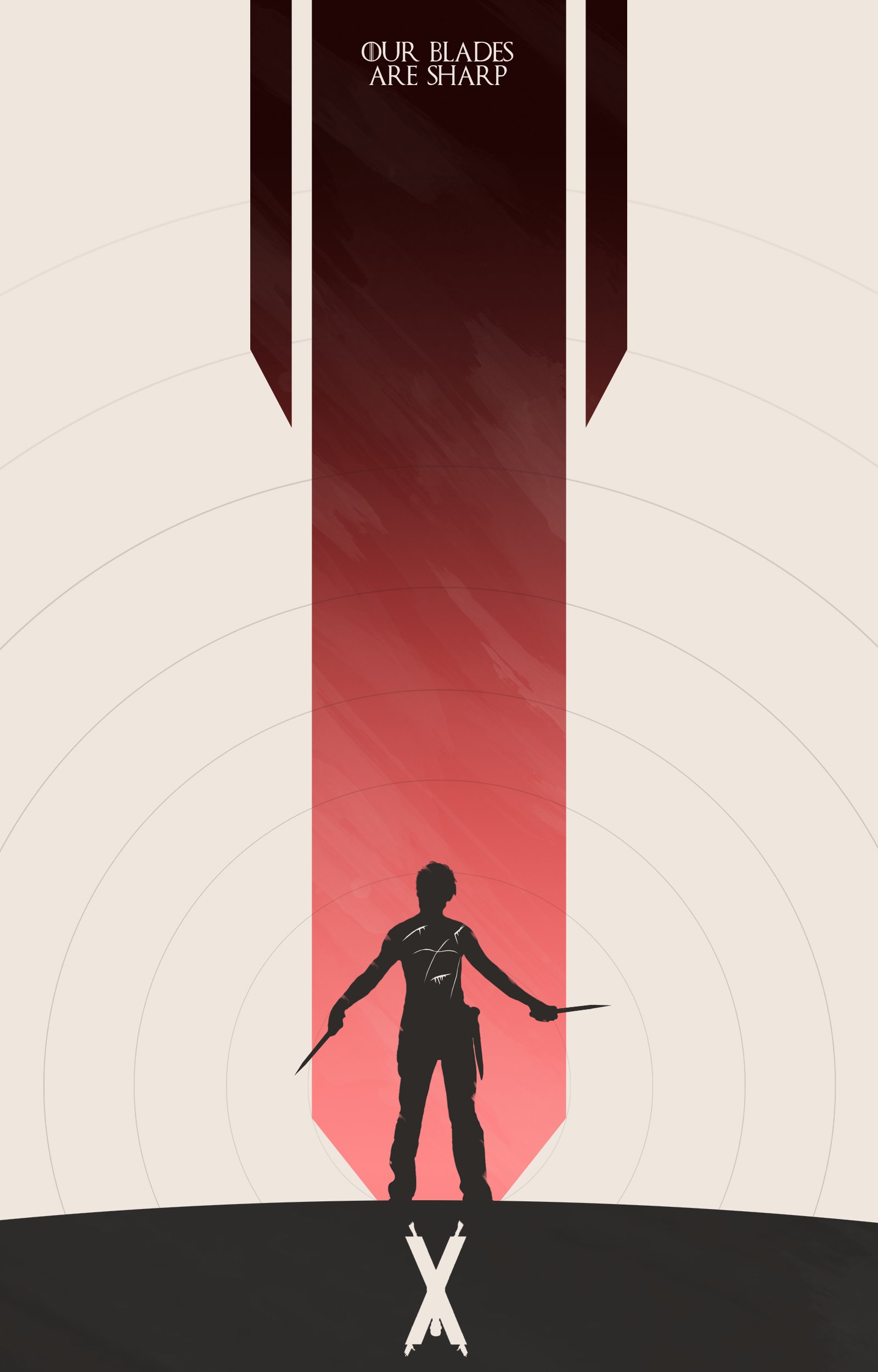 Silhouette of Ramsay Bolton from the TV show Game of Thrones, standing with knives beneath a tall red banner that reads Our Blades Are Sharp.
