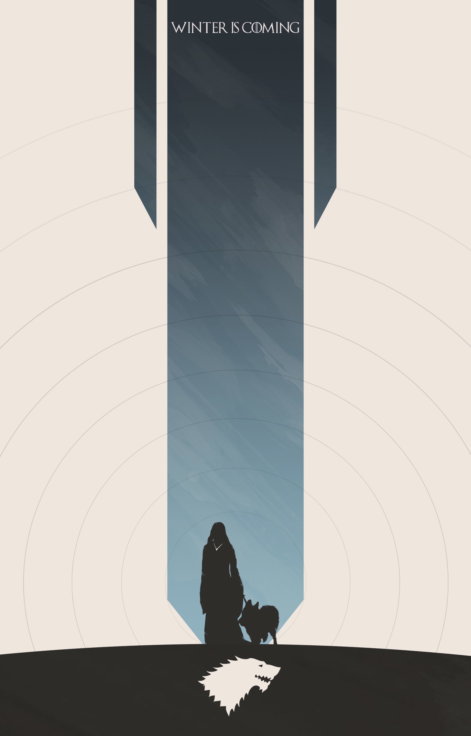Minimalist poster of Sansa Stark from the TV show Game of Thrones, featuring her silhouette and direwolf against a Stark banner with the phrase Winter is Coming.