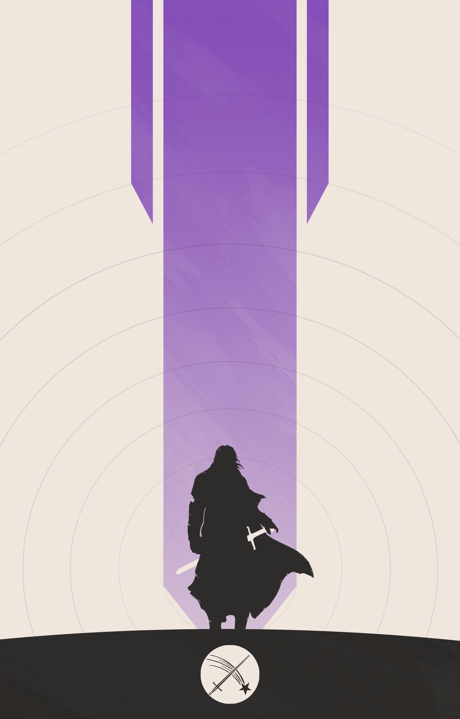 Minimalist Game of Thrones artwork featuring a dark silhouette of a cloaked figure holding a sword beneath a tall, vertical purple banner.