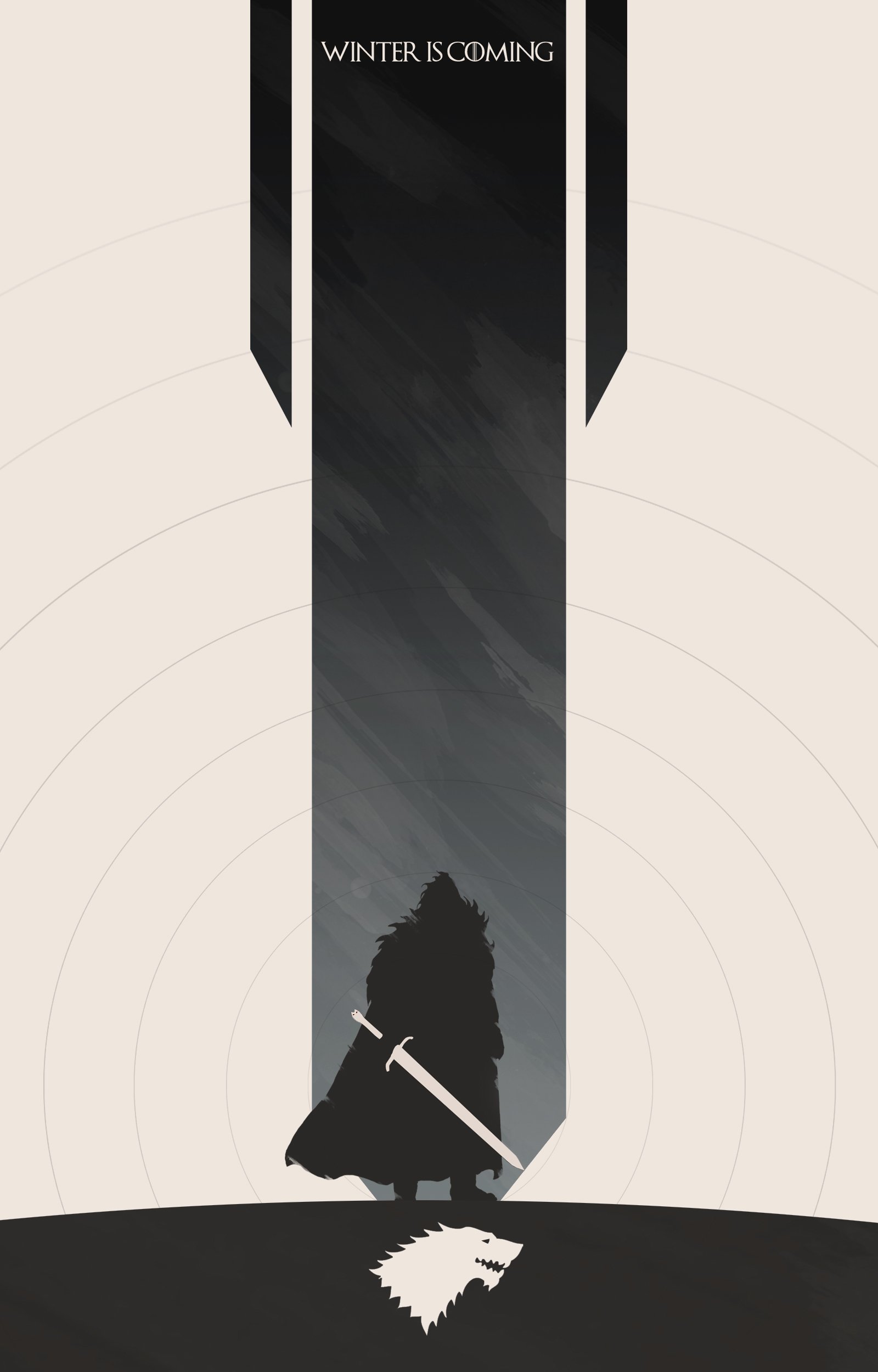 A minimalist poster from the TV show Game of Thrones featuring a silhouette of a figure with a sword, with the text WINTER IS COMING above.