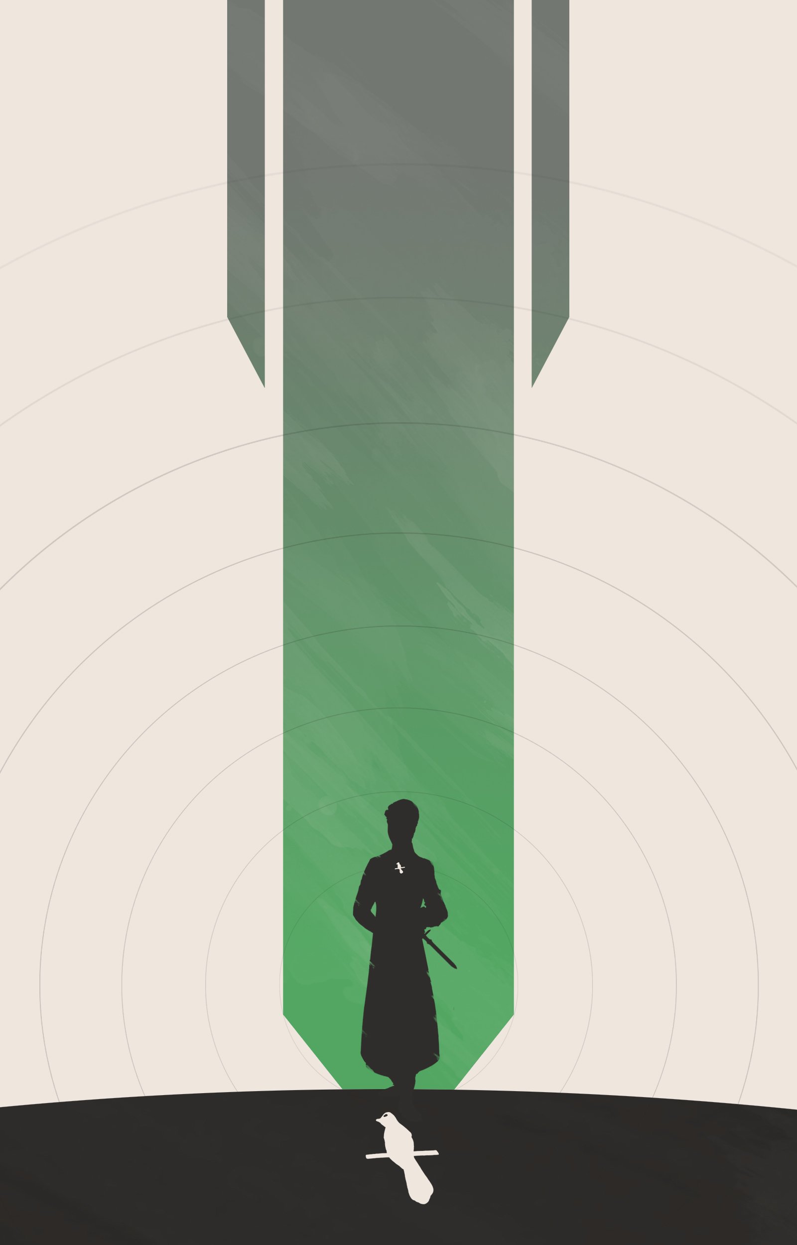 Minimalist Game of Thrones artwork featuring a silhouetted figure with a sword and a crow, set against a tall green and gray vertical background.