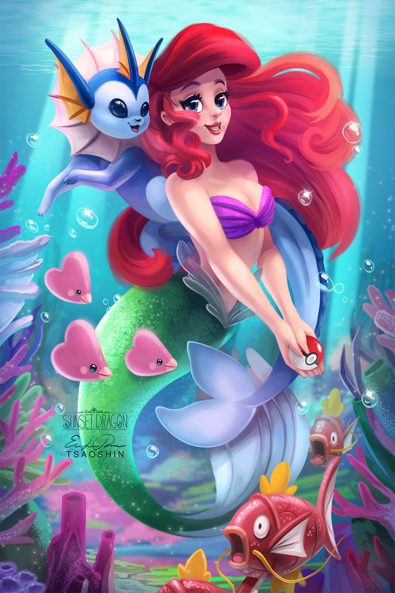 Ariel from The Little Mermaid underwater with Pokémon like Vaporeon, Luvdisc, and Magikarp, holding a Pokéball in a colorful ocean scene.