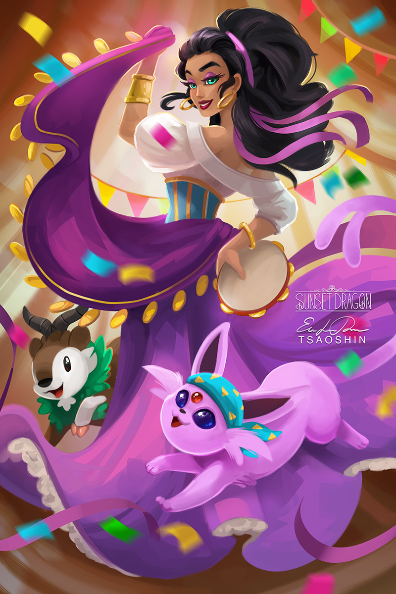 Download Pokemon The Hunchback Of Notre Dame Skiddo (Pokémon) Espeon (Pokémon) Esmeralda (The Hunchback Of Notre Dame) Movie Crossover Art